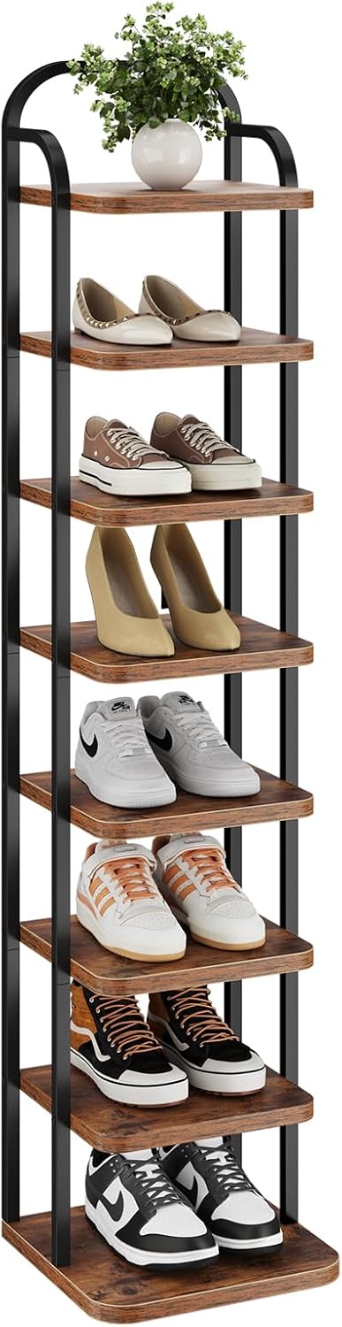 Dripex Adjustable Narrow Shoe Rack Organizer, Space Saving Vertical Tall Shoe Shelf, Sturdy Multifunctional Entryway Hallway Living Room Storage Shelf Rustic Brown