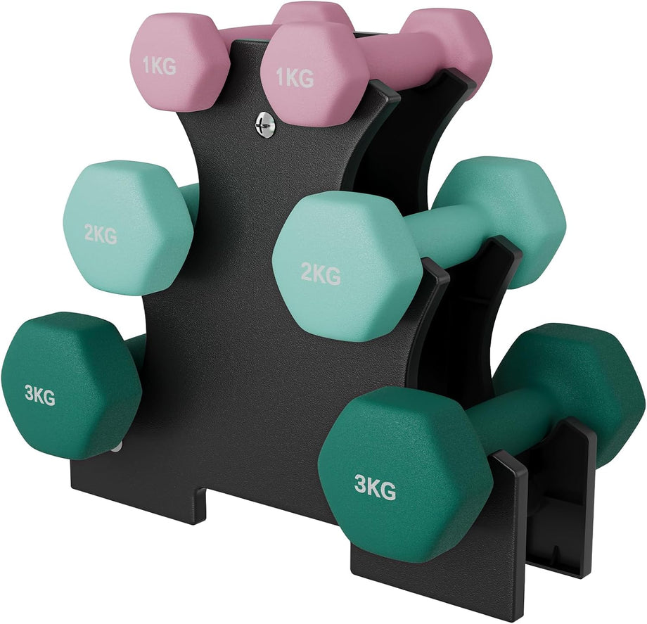 Dripex Weight Dumbbell Set with Storage Stand, Weights Lifting Gym Fitness | Dumbbells for Women Men, Anti-Roll Design, Home Gym Fitness, Pair of 1kg, 2kg, 3kg/1kg, 3kg, 5kg