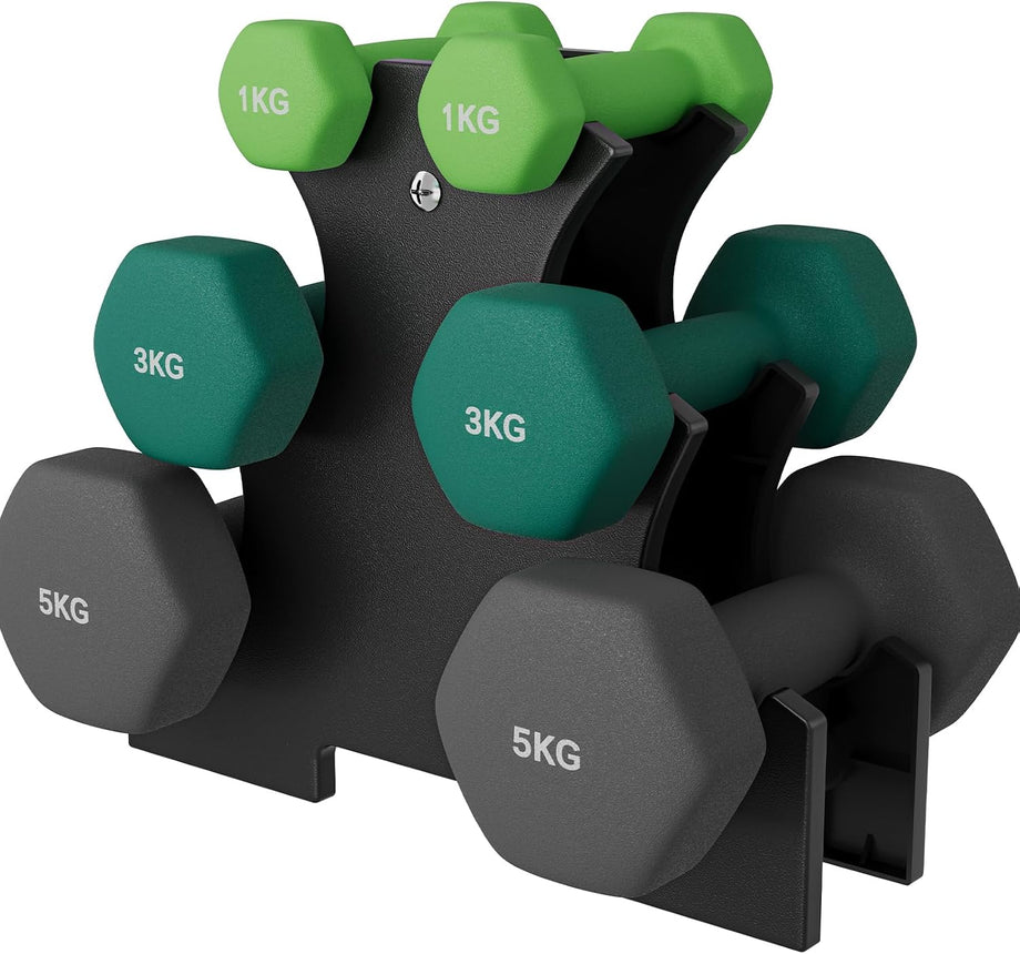 Dripex Weight Dumbbell Set with Storage Stand, Weights Lifting Gym Fitness | Dumbbells for Women Men, Anti-Roll Design, Home Gym Fitness, Pair of 1kg, 2kg, 3kg/1kg, 3kg, 5kg