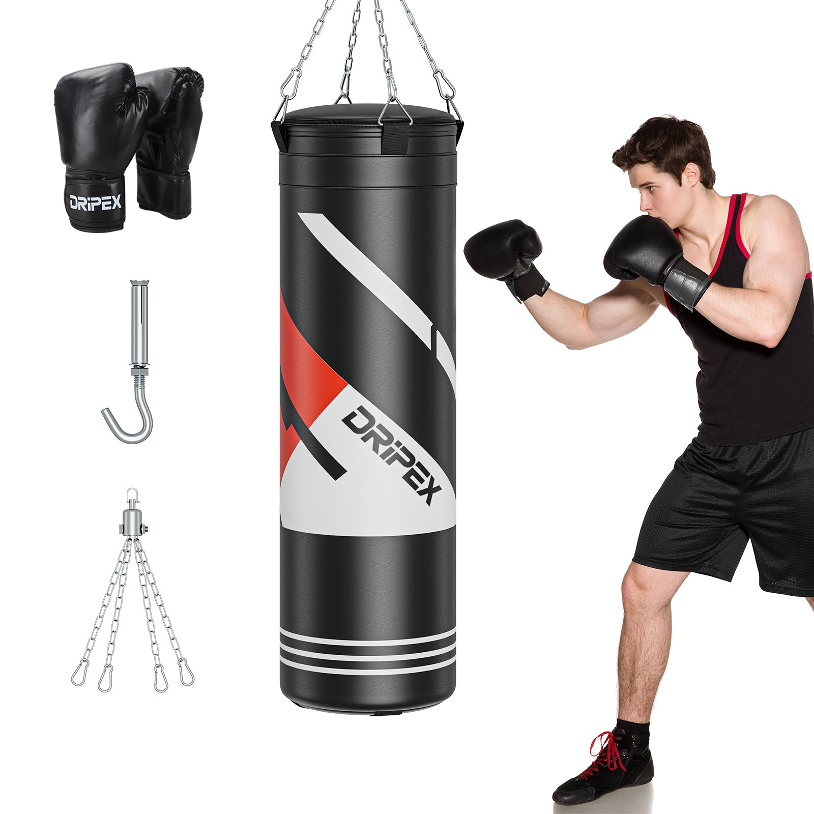 Punch Bag 4ft Heavy Boxing Bag Set Gloves Hanging Punching Bag 360° Swivel Hanging Chains Punch Bags Equipment & MMA Kickboxing Muay Thai Karate Home Gym Training