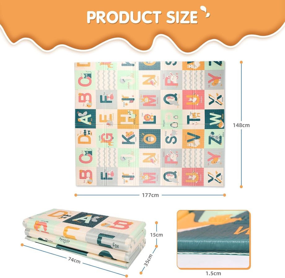 Dripex 177 × 148cm Baby Play Mat, Large Foam Crawling Playmat, Foldable Reversible Waterproof Non Toxic Portable Floor Mat with Letters and Numbers for Baby