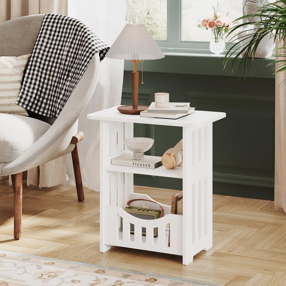 Dripex 3-Tier Side End Table with Storage Shelf Basket, White Small Bedside Table, Slim Narrow Nightstand Small Spaces for Living Room, Bedroom, Bathroom, Balcony