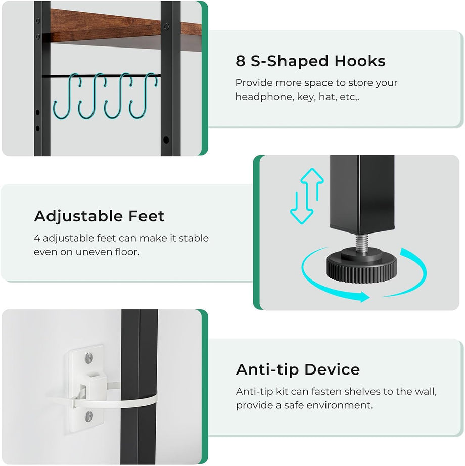 Dripex Baker's Rack with/without power outlet, 65" Freestanding Kitchen Storage Shelf Unit with Hooks, 5-Tier Versatile Standing Bookshelf for Home, Kitchen, Living Room
