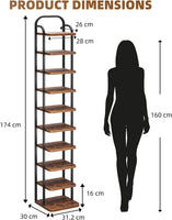 Dripex Adjustable Narrow Shoe Rack Organizer, Space Saving Vertical Tall Shoe Shelf, Sturdy Multifunctional Entryway Hallway Living Room Storage Shelf Rustic Brown
