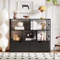 Dripex 4 Tier Wooden Rustic Brown Standing Shelves, 100D x 33W x 90H cm, 5 Compartments & 2 Drawers with Swivel Casters，Display Storage Shelf with Steel Frame, Low Bookcase for Living Room or Office