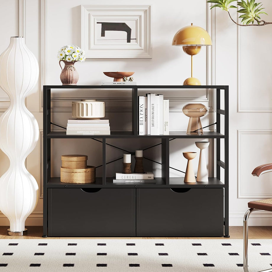 Dripex 4 Tier Wooden Rustic Brown Standing Shelves, 100D x 33W x 90H cm, 5 Compartments & 2 Drawers with Swivel Casters，Display Storage Shelf with Steel Frame, Low Bookcase for Living Room or Office