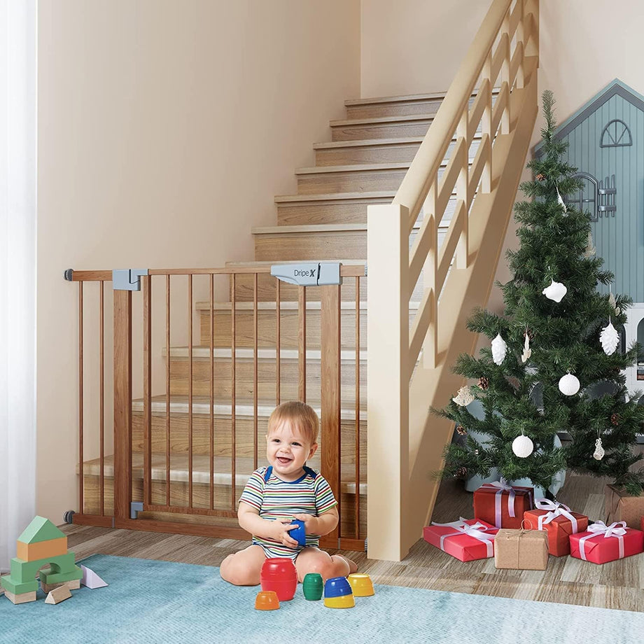 Dripex Stair Gate for Baby and Pet, Safety Pressure Fit, Metal Doors Stairs, Adjustable 75cm - 82cm, Auto Close Gate, One-Handed Operation-Wood Pattern Color