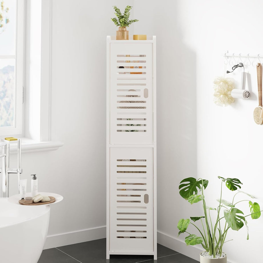 Dripex 7 Tier Tall Bathroom Floor Cabinet, 20W x 20D x 118H cm, Slim White Storage Cabinet with Door, Narrow Free Standing Cupboards Adjustable Shelves for Bathroom or Bedroom