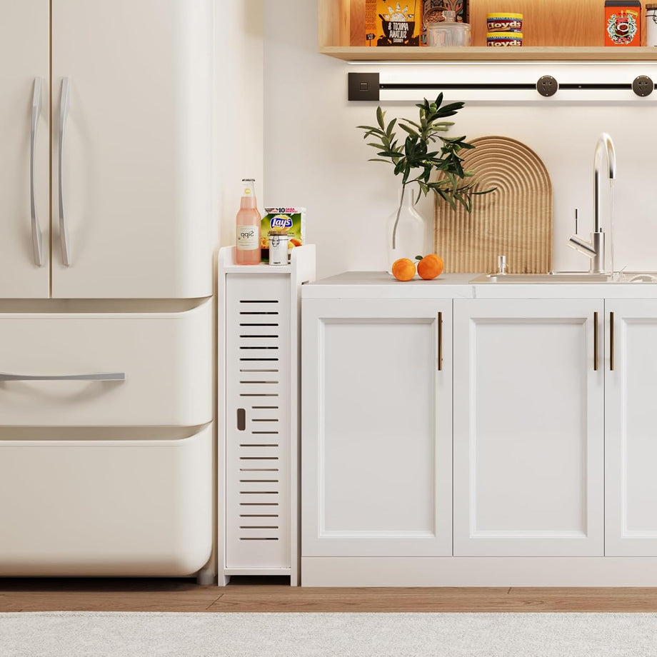 Dripex 4 Tier Bathroom Floor Cabinet, 18W x 20D x 80H cm, Slim White Storage Cabinet with Door, Narrow Free Standing Cupboards Adjustable Shelves for Bathroom or Bedroom