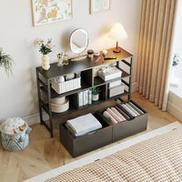 Dripex 4 Tier Wooden Rustic Brown Standing Shelves, 100D x 33W x 90H cm, 5 Compartments & 2 Drawers with Swivel Casters，Display Storage Shelf with Steel Frame, Low Bookcase for Living Room or Office