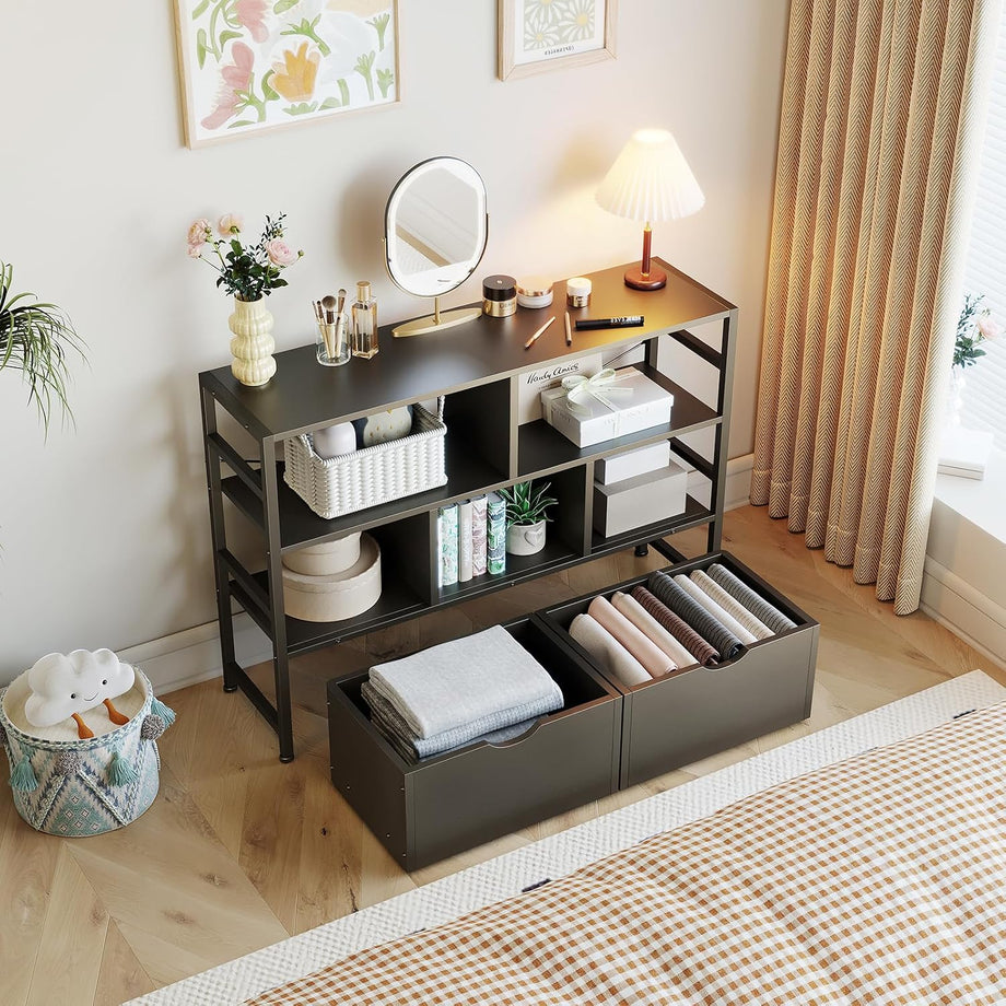 Dripex 4 Tier Wooden Rustic Brown Standing Shelves, 100D x 33W x 90H cm, 5 Compartments & 2 Drawers with Swivel Casters，Display Storage Shelf with Steel Frame, Low Bookcase for Living Room or Office