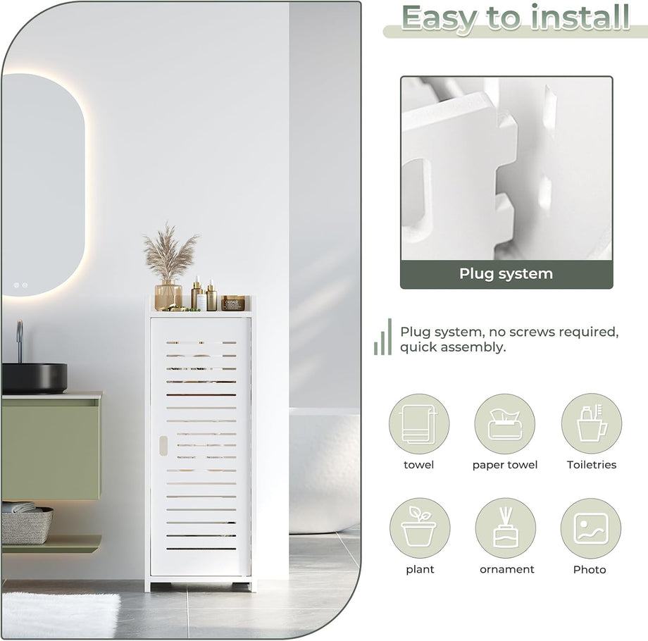 Dripex 4 Tier Bathroom Floor Cabinet, 30W x 30D x 80H cm, White Storage Cabinet with Door, Narrow Free Standing Cupboards Adjustable Shelves for Bathroom or Bedroom