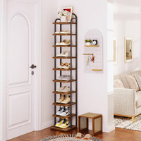 Dripex Adjustable Narrow Shoe Rack Organizer, Space Saving Vertical Tall Shoe Shelf, Sturdy Multifunctional Entryway Hallway Living Room Storage Shelf Rustic Brown
