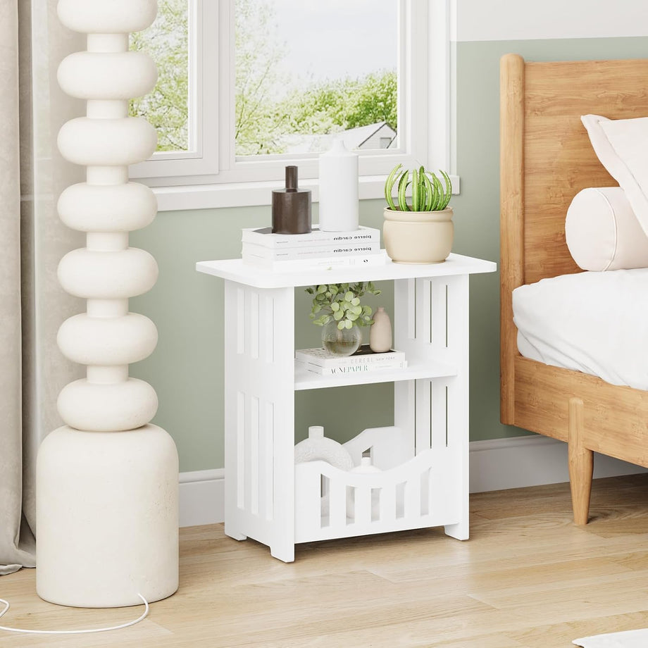 Dripex 3-Tier Side End Table with Storage Shelf Basket, White Small Bedside Table, Slim Narrow Nightstand Small Spaces for Living Room, Bedroom, Bathroom, Balcony
