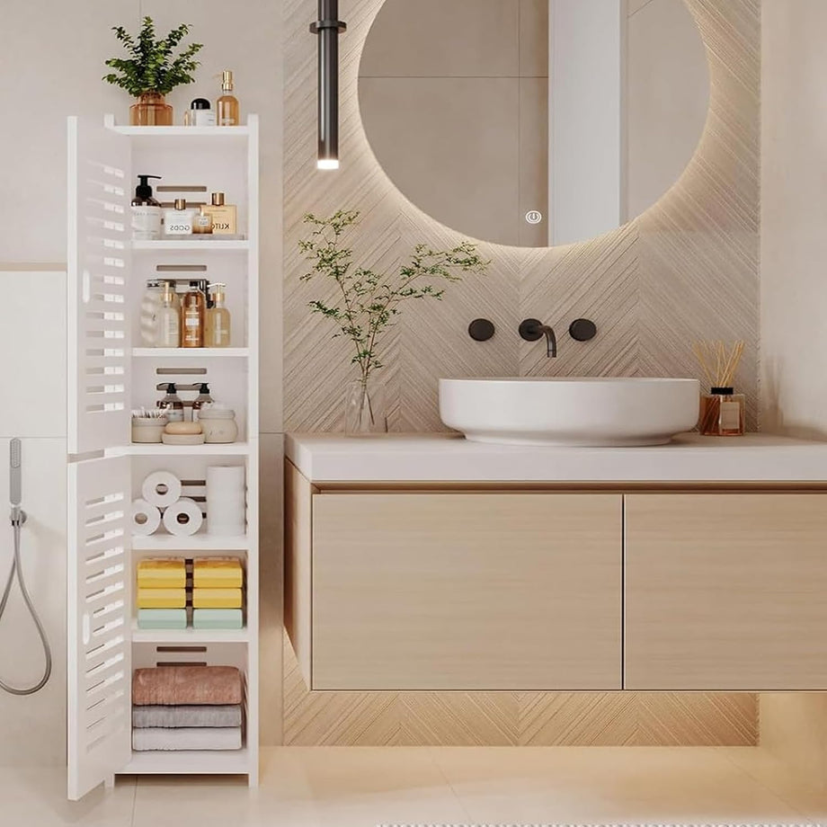Dripex 7 Tier Tall Bathroom Floor Cabinet, 20W x 20D x 118H cm, Slim White Storage Cabinet with Door, Narrow Free Standing Cupboards Adjustable Shelves for Bathroom or Bedroom