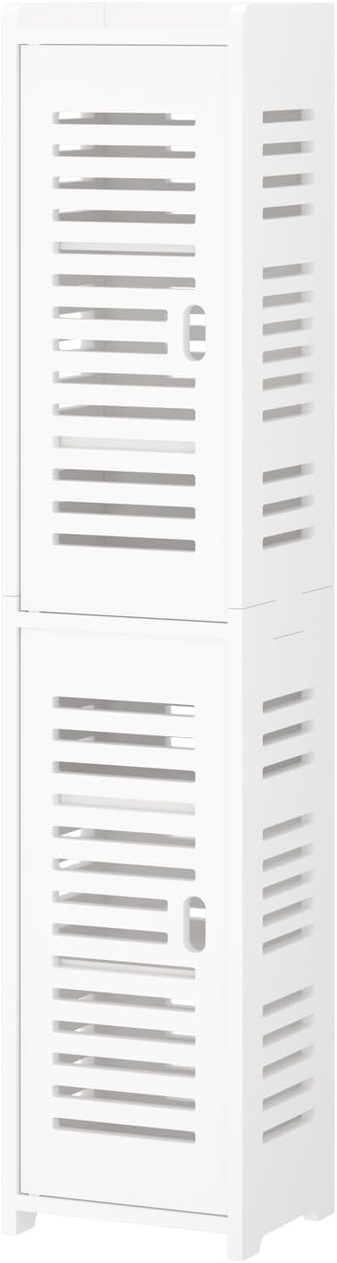 Dripex 7 Tier Tall Bathroom Floor Cabinet, 20W x 20D x 118H cm, Slim White Storage Cabinet with Door, Narrow Free Standing Cupboards Adjustable Shelves for Bathroom or Bedroom