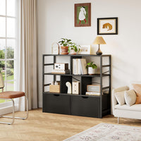 Dripex 4 Tier Wooden Rustic Brown Standing Shelves, 100D x 33W x 90H cm, 5 Compartments & 2 Drawers with Swivel Casters，Display Storage Shelf with Steel Frame, Low Bookcase for Living Room or Office