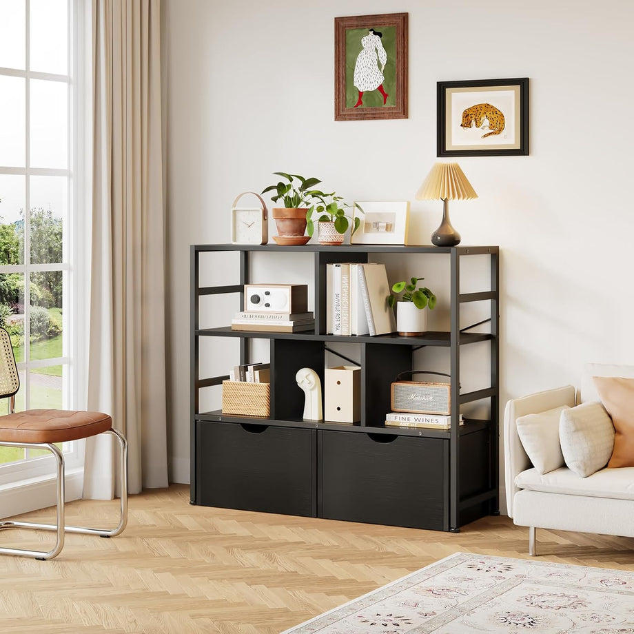 Dripex 4 Tier Wooden Rustic Brown Standing Shelves, 100D x 33W x 90H cm, 5 Compartments & 2 Drawers with Swivel Casters，Display Storage Shelf with Steel Frame, Low Bookcase for Living Room or Office