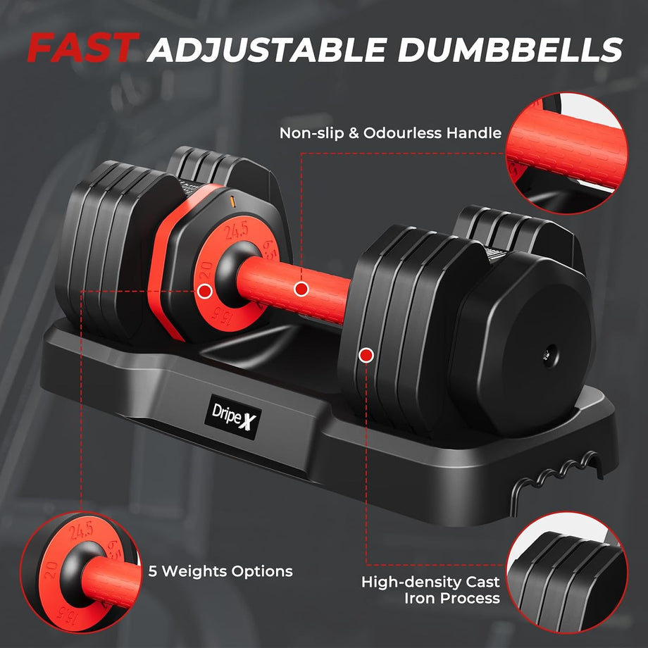 Dripex Adjustable Dumbbells 11kg/24.5kg Dumbbell Weights Pair for Men | Quick-Adjust Non-Slip Handle, Fast Weight Set for Saving Place, Home Gym Fitness Training, Safety Locking Mechanism