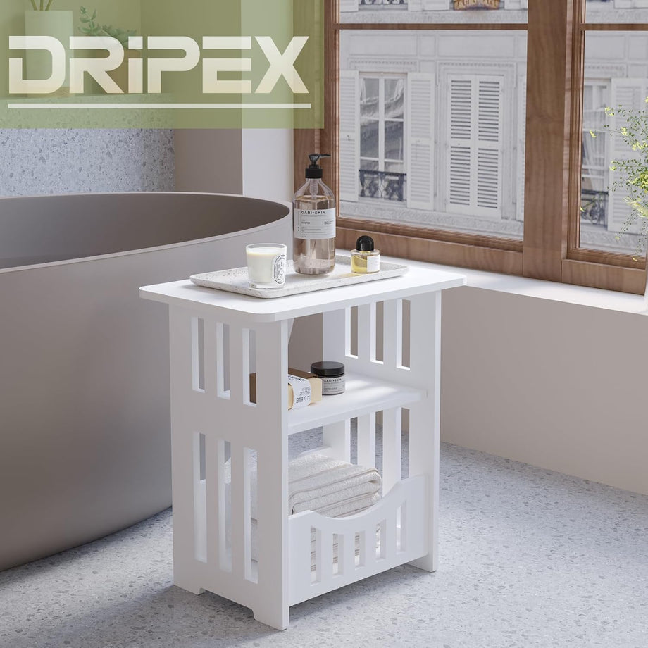 Dripex 3-Tier Side End Table with Storage Shelf Basket, White Small Bedside Table, Slim Narrow Nightstand Small Spaces for Living Room, Bedroom, Bathroom, Balcony