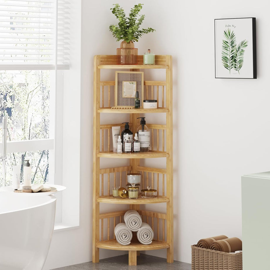 Dripex Bamboo Corner Shelf, Narrow Bookshelf for Small Space, Floor Standing Storage Display Rack for Living Room, Bedroom, Home or Office
