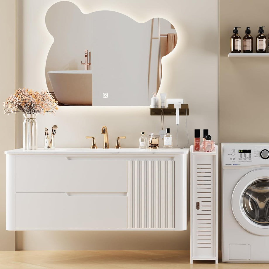 Dripex 4 Tier Bathroom Floor Cabinet, 18W x 20D x 80H cm, Slim White Storage Cabinet with Door, Narrow Free Standing Cupboards Adjustable Shelves for Bathroom or Bedroom