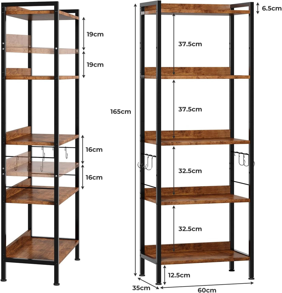 Dripex Baker's Rack with/without power outlet, 65" Freestanding Kitchen Storage Shelf Unit with Hooks, 5-Tier Versatile Standing Bookshelf for Home, Kitchen, Living Room