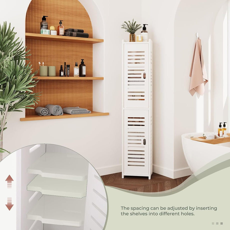 Dripex 7 Tier Tall Bathroom Floor Cabinet, 20W x 20D x 118H cm, Slim White Storage Cabinet with Door, Narrow Free Standing Cupboards Adjustable Shelves for Bathroom or Bedroom