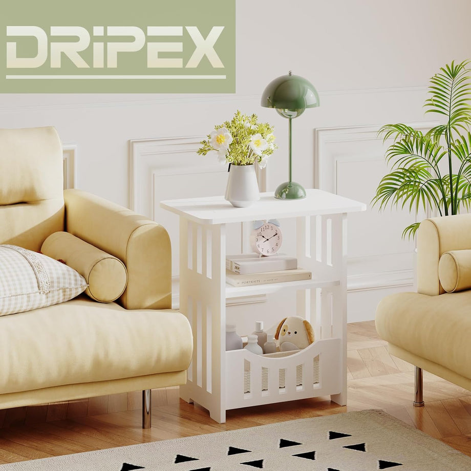 Dripex 3-Tier Side End Table with Storage Shelf Basket, White Small Bedside Table, Slim Narrow Nightstand Small Spaces for Living Room, Bedroom, Bathroom, Balcony