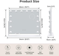 Dripex 14/15 Dimmable LED Bulbs Rotatable Hollywood Vanity Mirror with Lights, Large Illuminated Makeup Mirror, 3 Lighting Modes, Phone Holder, Titing Hollywood Mirror for Bedroom