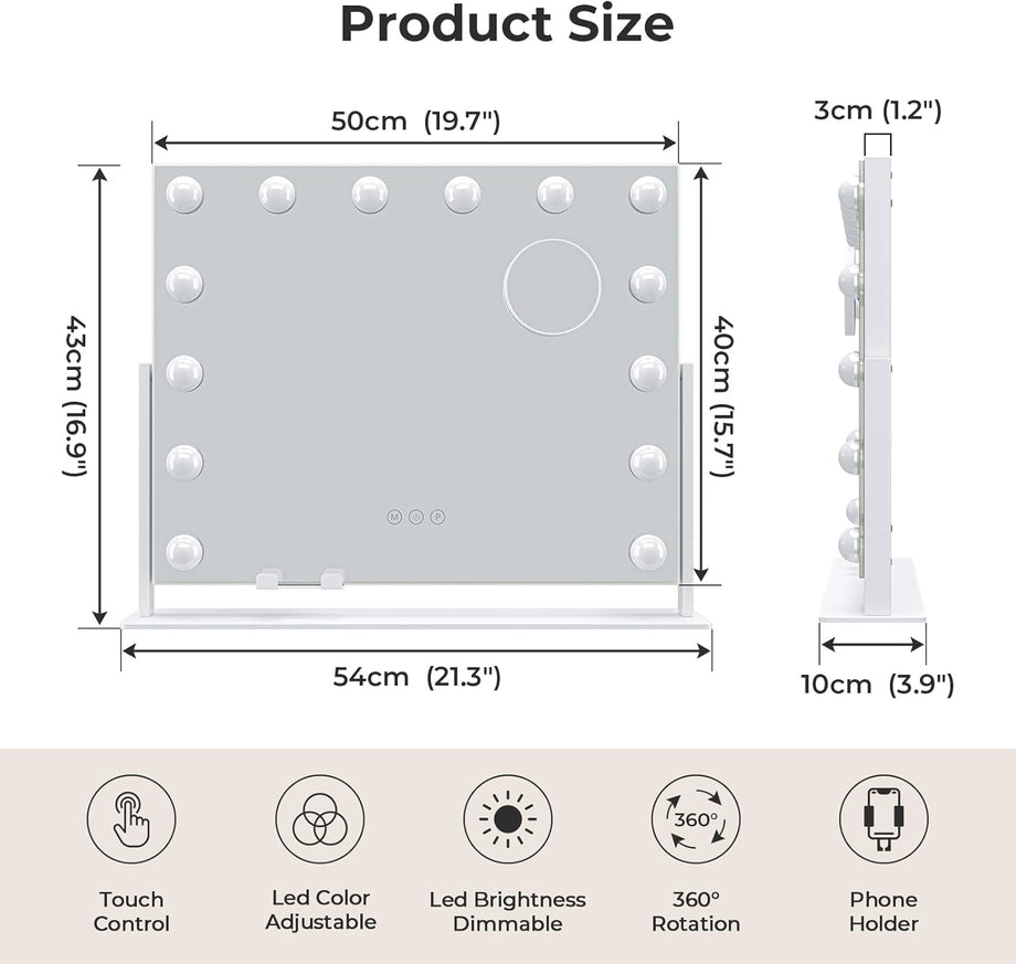 Dripex 14/15 Dimmable LED Bulbs Rotatable Hollywood Vanity Mirror with Lights, Large Illuminated Makeup Mirror, 3 Lighting Modes, Phone Holder, Titing Hollywood Mirror for Bedroom