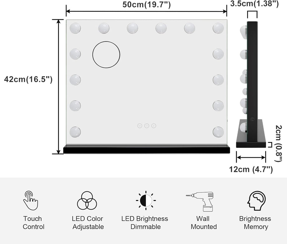 Dripex 14/15 Dimmable LED Bulbs Hollywood Vanity Mirror with Lights, Large Lighted Makeup Mirror, USB Cable, Touchscreen Control, Cosmetic Tabletop Mirror for Bedroom, Dressing Room