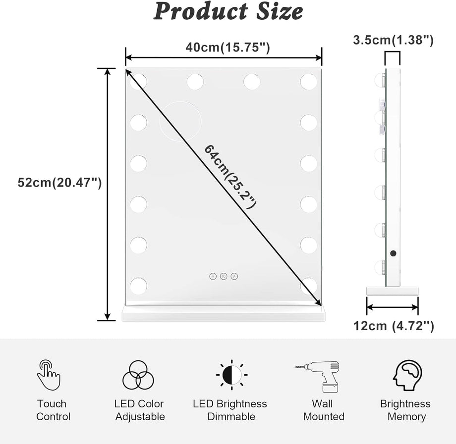 Dripex 14/15 Dimmable LED Bulbs Hollywood Vanity Mirror with Lights, Large Lighted Makeup Mirror, USB Cable, Touchscreen Control, Cosmetic Tabletop Mirror for Bedroom, Dressing Room