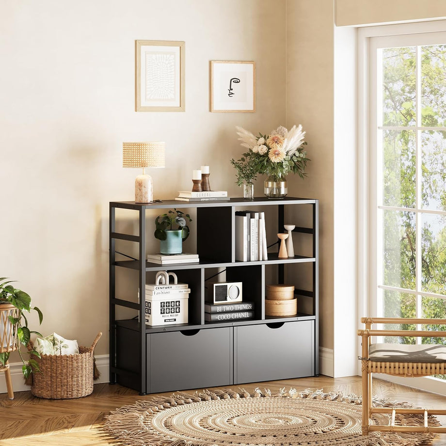 Dripex 4 Tier Wooden Rustic Brown Standing Shelves, 100D x 33W x 90H cm, 5 Compartments & 2 Drawers with Swivel Casters，Display Storage Shelf with Steel Frame, Low Bookcase for Living Room or Office
