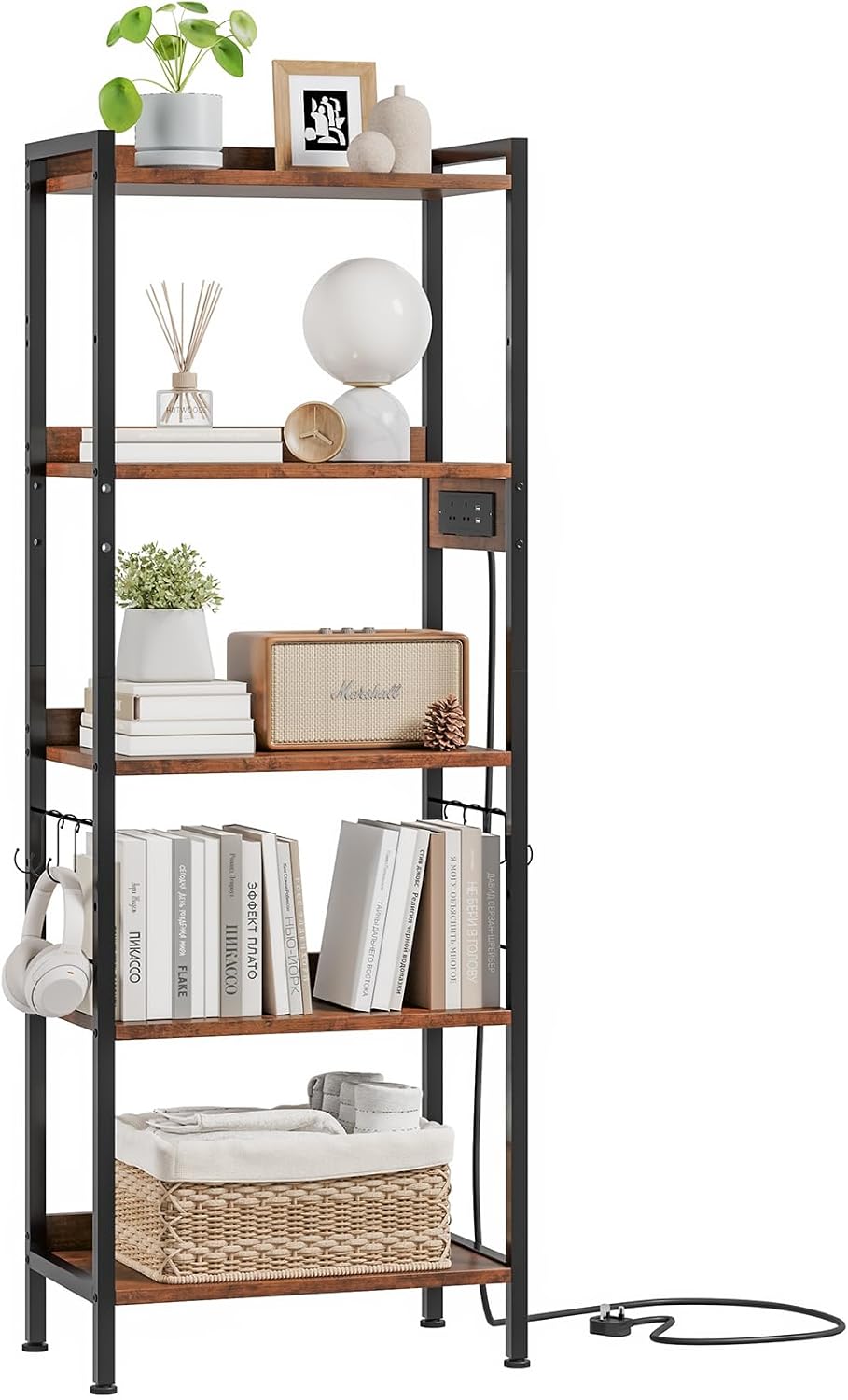 Dripex Baker's Rack with/without power outlet, 65" Freestanding Kitchen Storage Shelf Unit with Hooks, 5-Tier Versatile Standing Bookshelf for Home, Kitchen, Living Room