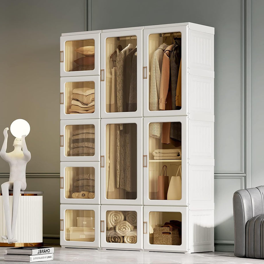 Dripex Portable Wardrobe Closet Storage Organizer Transparent Door Panels, Plastic Wardrobe with Magnetic Door, Suitable for Living Room, Bedroom, Easy Assembly