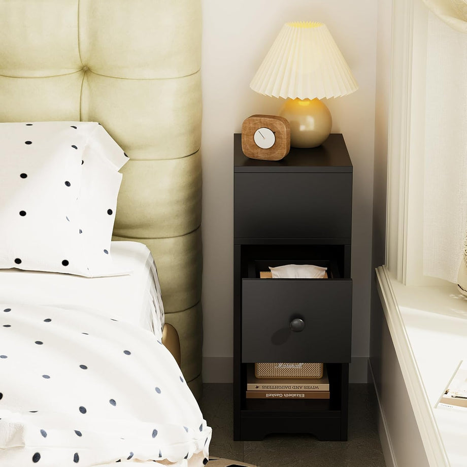 Dripex Slim Bedside Table, Bedside Cabinet with Drawer, Wooden End Table | 25D x 30W x 65H cm, 4 Tier, Nightstand, Sofa Side Table, Bedroom Side Table, Storage Drawer, Space Saving