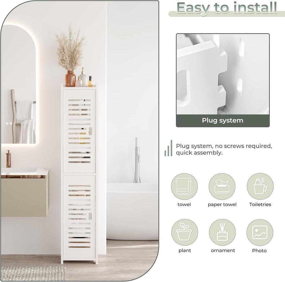 Dripex 7 Tier Tall Bathroom Floor Cabinet, 20W x 20D x 118H cm, Slim White Storage Cabinet with Door, Narrow Free Standing Cupboards Adjustable Shelves for Bathroom or Bedroom