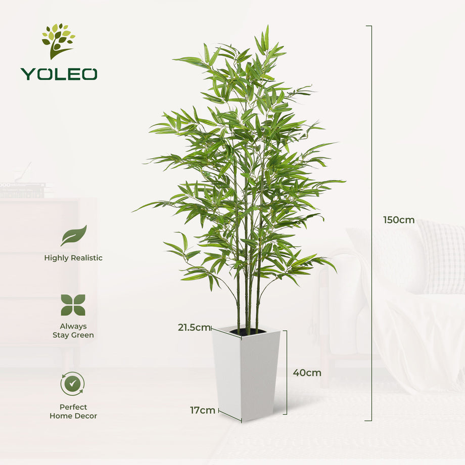 YOLEO 5FT/6FT Artificial Bamboo Tree with White Tall Planter, Lifelike Fake Silk Tree Indoor, Faux Bamboo Tall Plant for Living Room Bedroom Balcony Corner Office Deco
