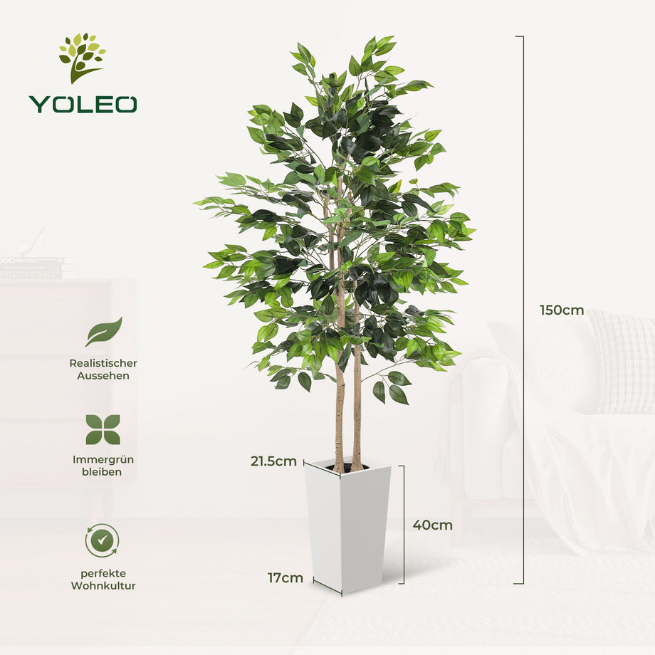 YOLEO 5FT/6FT Artificial Ficus Tree with White Tall Planter, Lifelike Fake Silk Tree Indoor, Faux Ficus Tall Plant for Living Room Bedroom Balcony Corner Office Decor