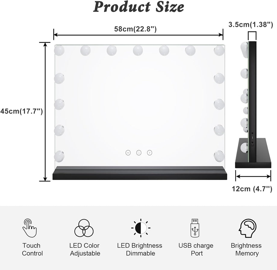 Dripex 14/15 Dimmable LED Bulbs Hollywood Vanity Mirror with Lights, Large Lighted Makeup Mirror, USB Cable, Touchscreen Control, Cosmetic Tabletop Mirror for Bedroom, Dressing Room