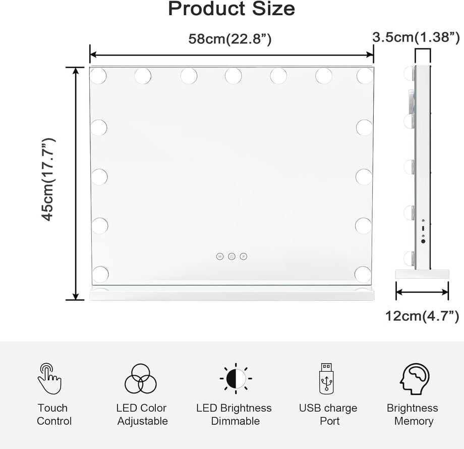 Dripex 14/15 Dimmable LED Bulbs Hollywood Vanity Mirror with Lights, Large Lighted Makeup Mirror, USB Cable, Touchscreen Control, Cosmetic Tabletop Mirror for Bedroom, Dressing Room