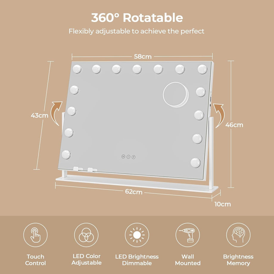 Dripex 14/15 Dimmable LED Bulbs Rotatable Hollywood Vanity Mirror with Lights, Large Illuminated Makeup Mirror, 3 Lighting Modes, Phone Holder, Titing Hollywood Mirror for Bedroom