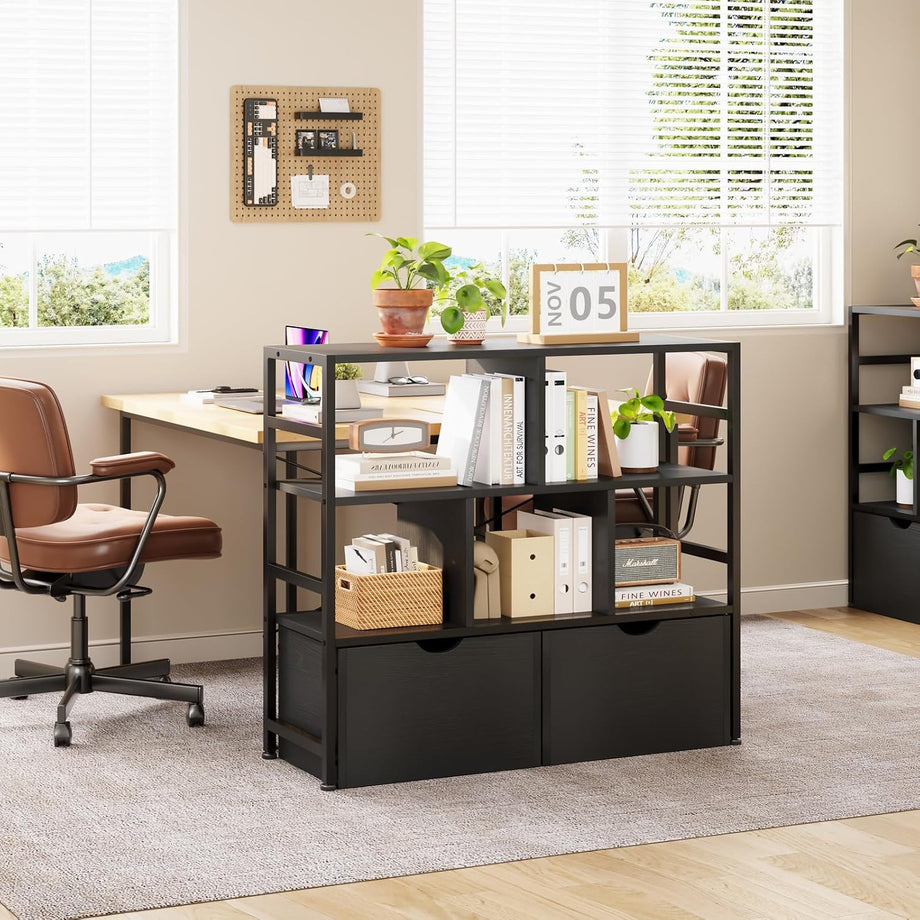 Dripex 4 Tier Wooden Rustic Brown Standing Shelves, 100D x 33W x 90H cm, 5 Compartments & 2 Drawers with Swivel Casters，Display Storage Shelf with Steel Frame, Low Bookcase for Living Room or Office