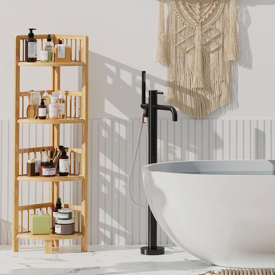 Dripex Bamboo Corner Shelf, Narrow Bookshelf for Small Space, Floor Standing Storage Display Rack for Living Room, Bedroom, Home or Office