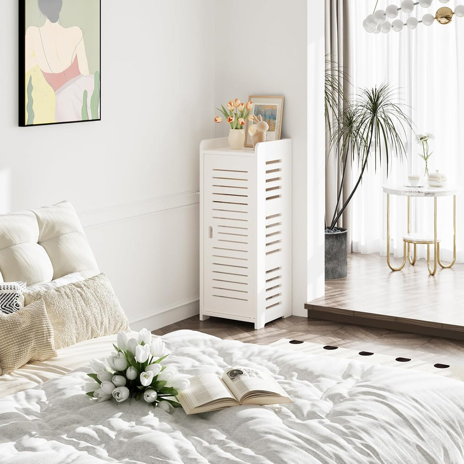 Dripex 4 Tier Bathroom Floor Cabinet, 30W x 30D x 80H cm, White Storage Cabinet with Door, Narrow Free Standing Cupboards Adjustable Shelves for Bathroom or Bedroom