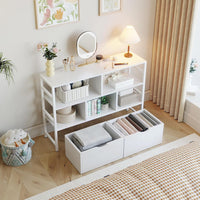 Dripex 4 Tier Wooden Rustic Brown Standing Shelves, 100D x 33W x 90H cm, 5 Compartments & 2 Drawers with Swivel Casters，Display Storage Shelf with Steel Frame, Low Bookcase for Living Room or Office