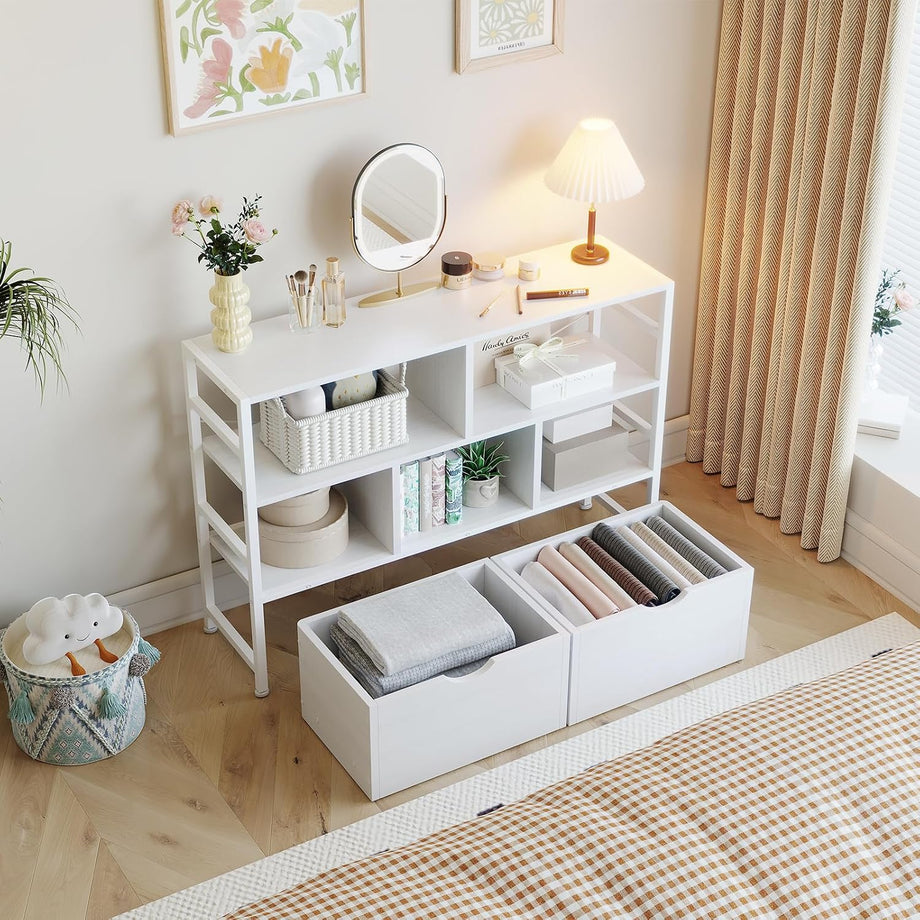 Dripex 4 Tier Wooden Rustic Brown Standing Shelves, 100D x 33W x 90H cm, 5 Compartments & 2 Drawers with Swivel Casters，Display Storage Shelf with Steel Frame, Low Bookcase for Living Room or Office