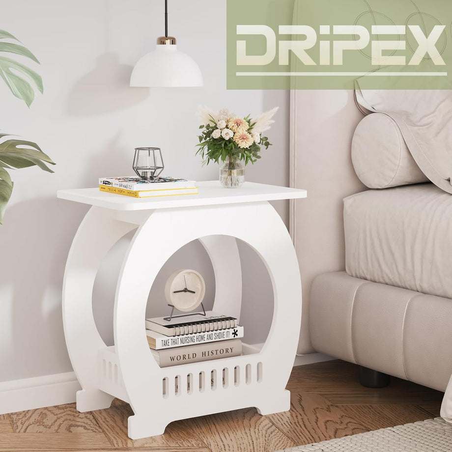 Dripex 3-Tier Side End Table with Storage Shelf Basket, White Small Bedside Table, Slim Narrow Nightstand Small Spaces for Living Room, Bedroom, Bathroom, Balcony