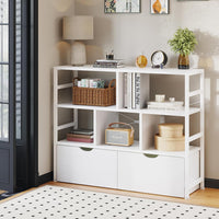Dripex 4 Tier Wooden Rustic Brown Standing Shelves, 100D x 33W x 90H cm, 5 Compartments & 2 Drawers with Swivel Casters，Display Storage Shelf with Steel Frame, Low Bookcase for Living Room or Office